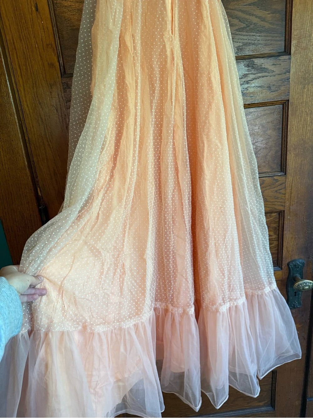 VINTAGE STUNNING Ruffle Asymmetrical Top Maxi Gown Peaches n Cream Swiss Dot 4 - Picture 8 of 12